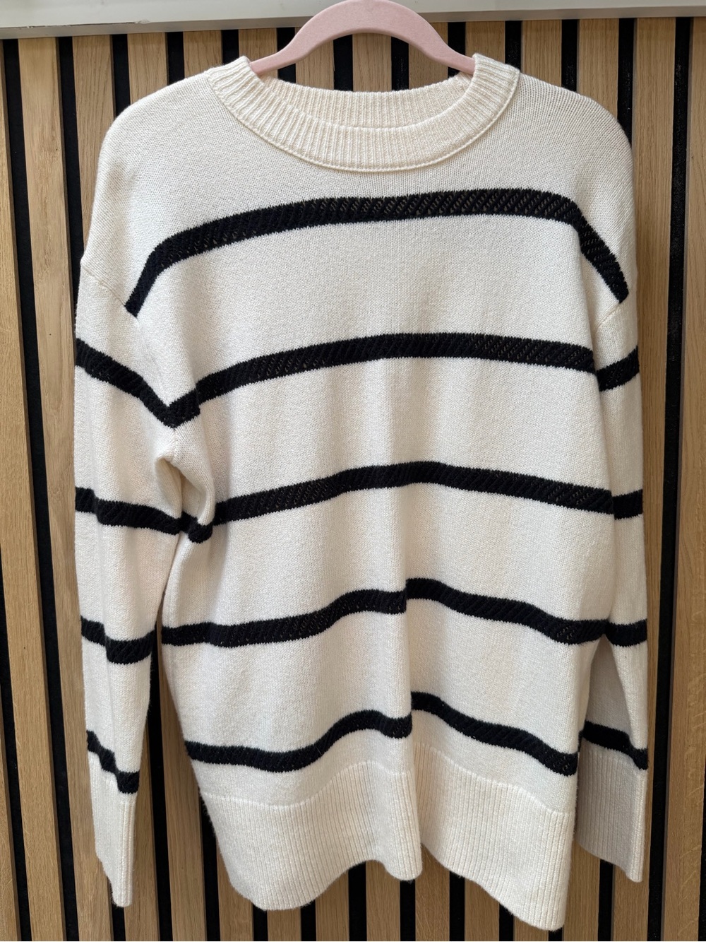 aerie Cream and Black Striped Crewneck Sweater